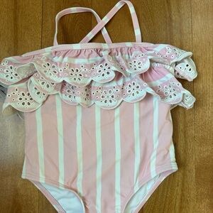 Janie and Jack Pink and White Swimsuit with Eyelet Details